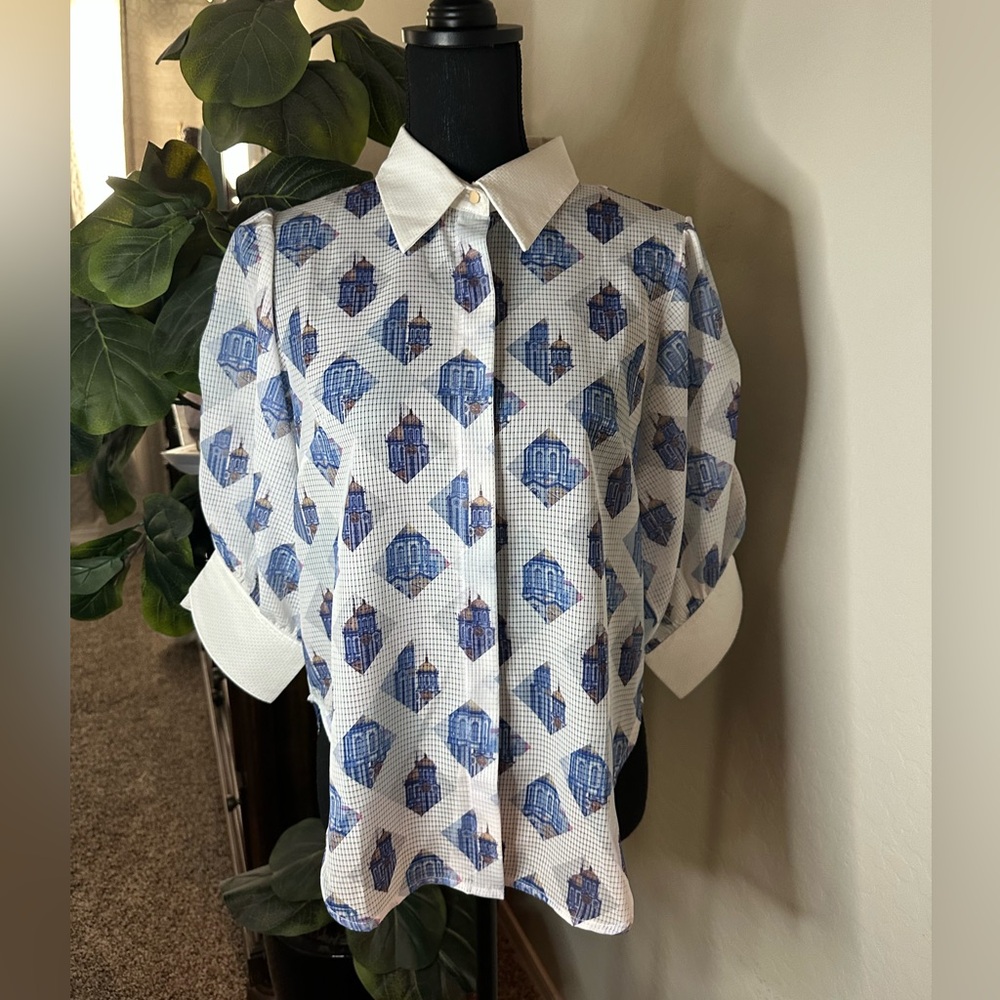 White and Blue Patterned Button-Up Shirt